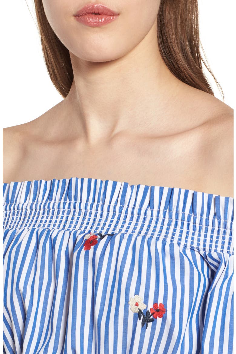 Chloe + Katie Embroidered Off the Shoulder Crop Top, Alternate, color, BLUE/ WHITE STRIPE