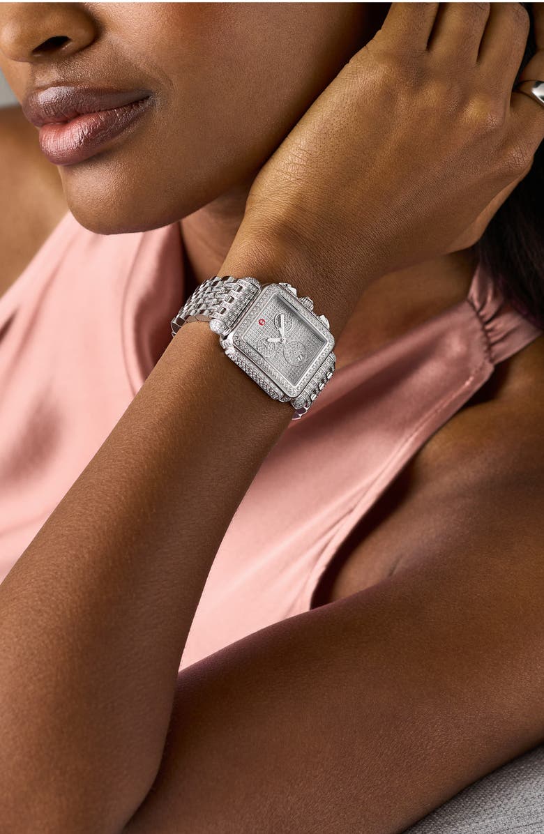 MICHELE Deco Jubilee Limited Edition Diamond Pavé Chronograph Bracelet Watch, 33mm x 35mm, Alternate, color, Silver