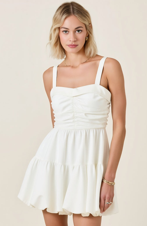 Modenaire Ruched Sweetheart Neck Mini Dress With Straps And Flared Hem