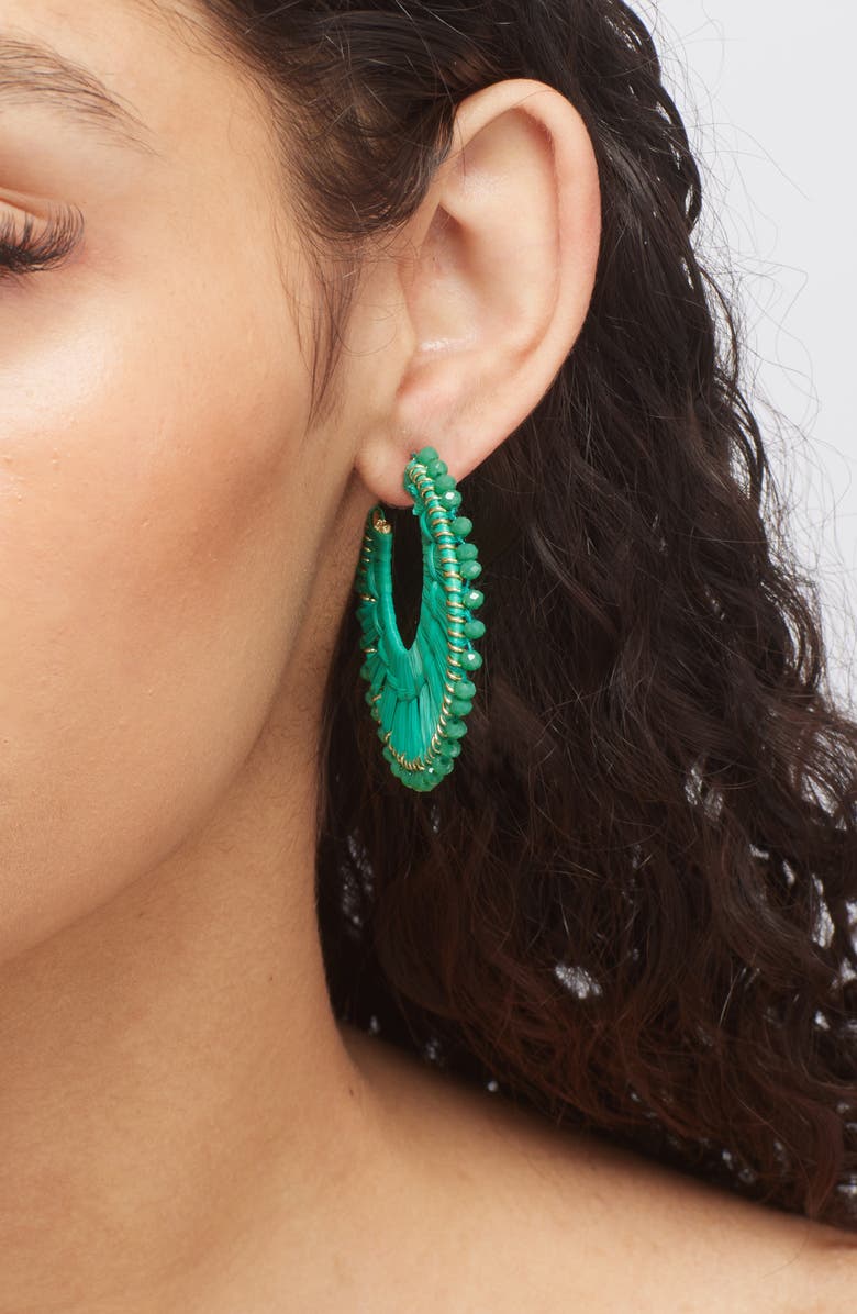 Panacea Beaded Raffia Hoop Earrings, Alternate, color, Green