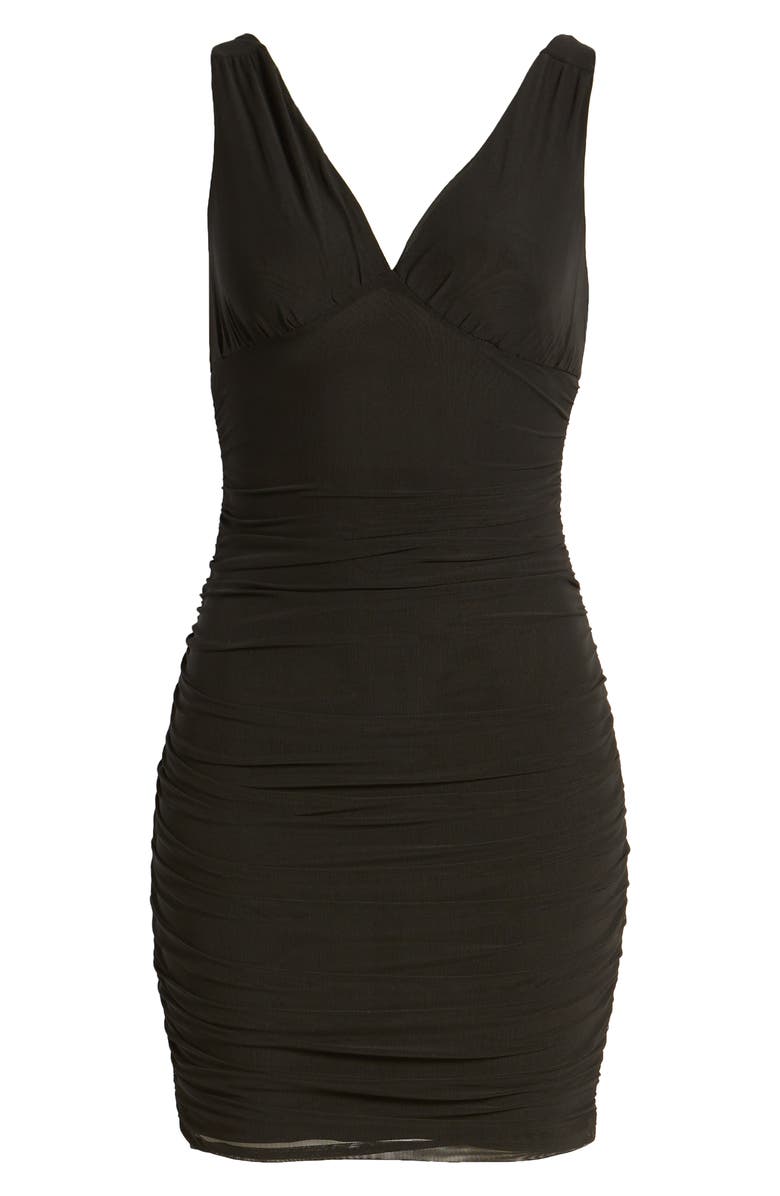 bebe Ruched Body-Con Mesh Dress, Alternate, color, 