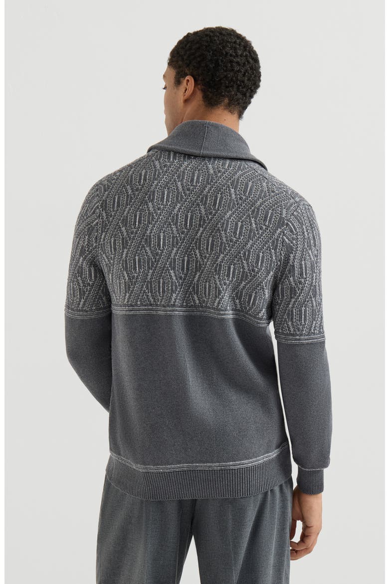 Cotton shawl collar cardigan with jacquard cable shoulder, Alternate, color, Medium Grey