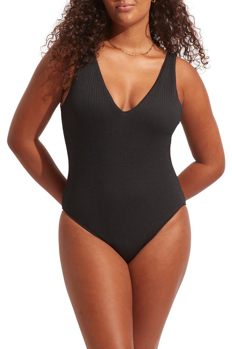 Sea Dive Deep V-Neck One-Piece Swimsuit, Main, color, BLACK