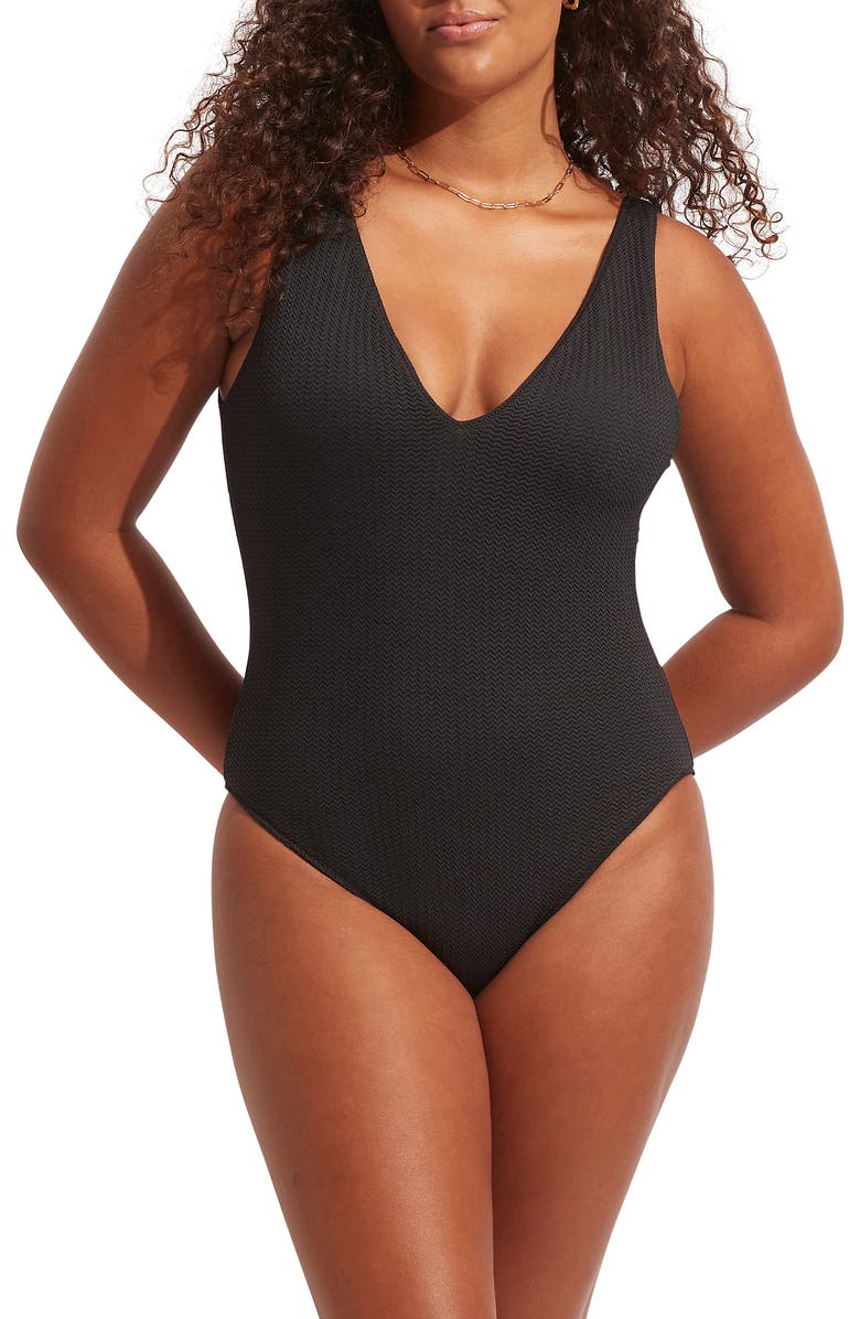 Seafolly Sea Dive Deep V-Neck One-Piece Swimsuit, Main, color, Black