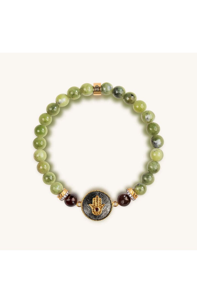 Karma and Luck Transportive Energy Jade Stone Hamsa Bracelet, Main, color, Green/Burgundy