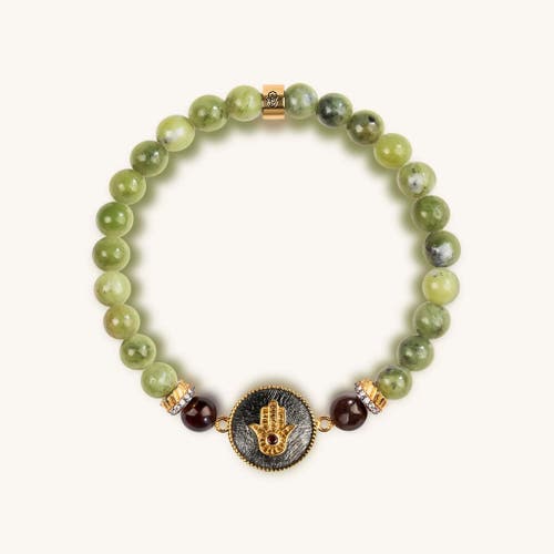 Karma And Luck Transportive Energy Jade Stone Hamsa Bracelet In Green/burgundy