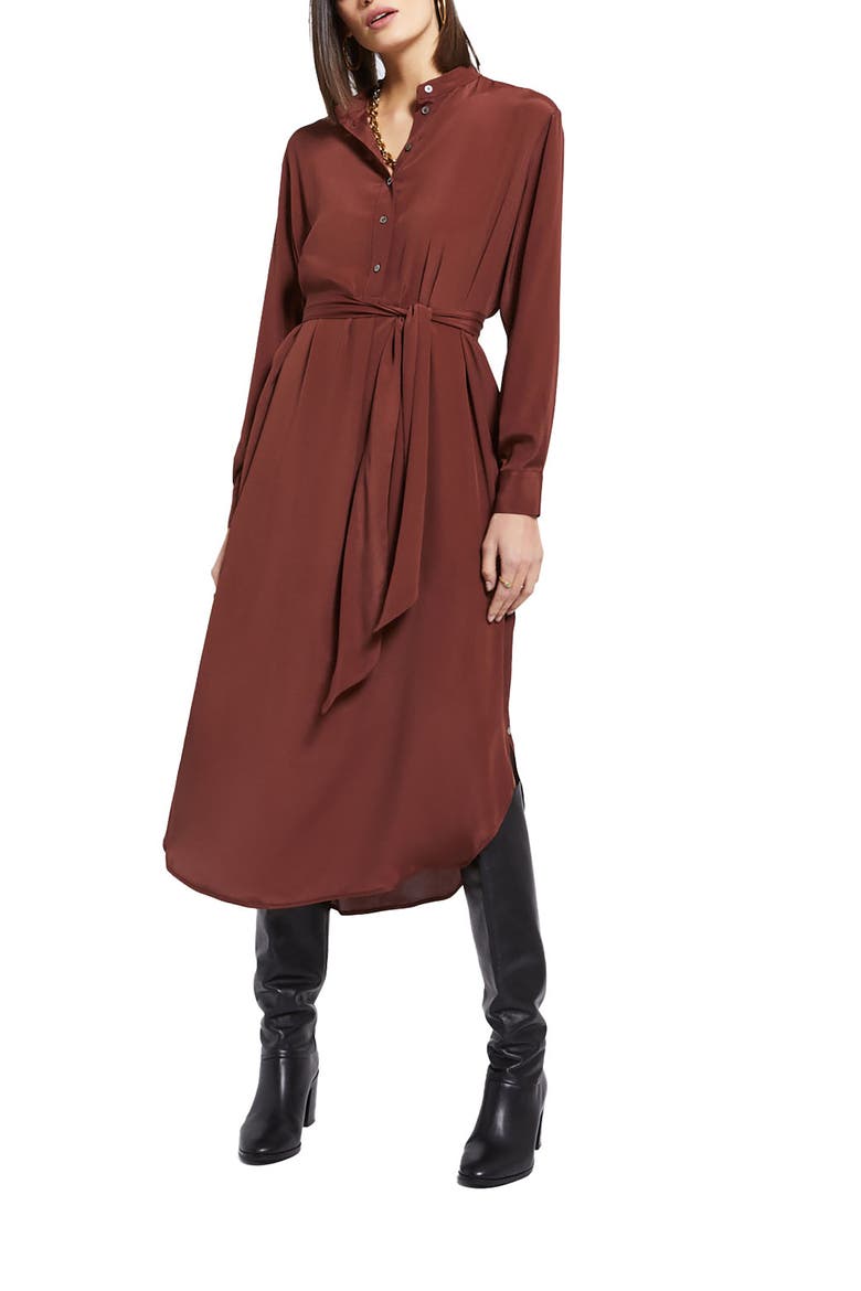 Silk-Blend Midi Dress With Sash, Main, color, Brown