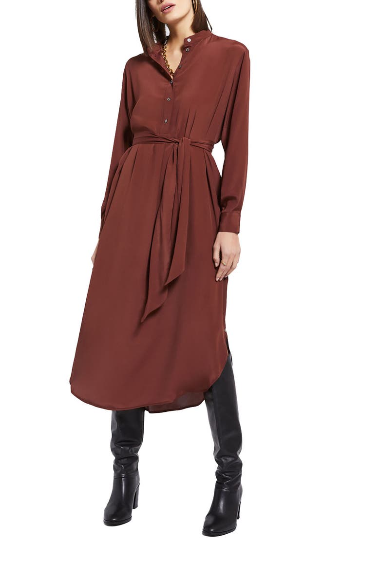 ottod'Ame Silk-Blend Midi Dress With Sash, Main, color, Brown