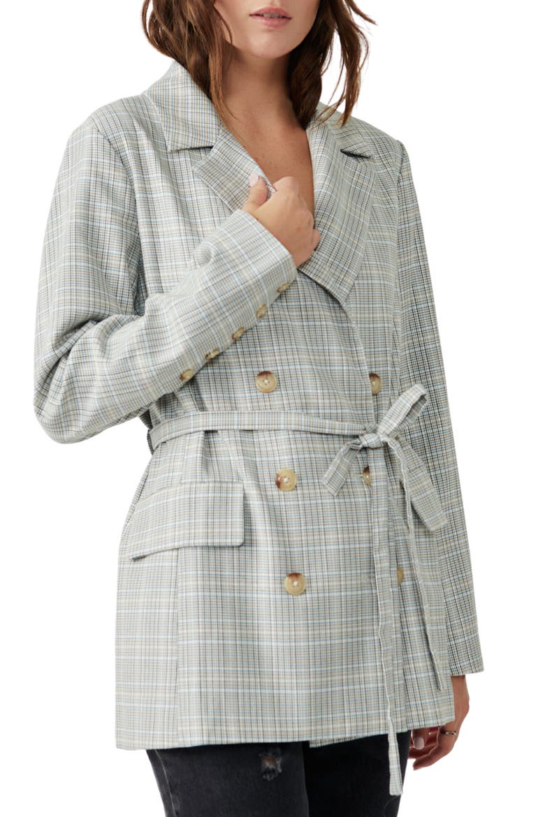 Olivia Tie Waist Plaid Double Breasted Blazer, Main, color, NATURAL PLAID COMBO