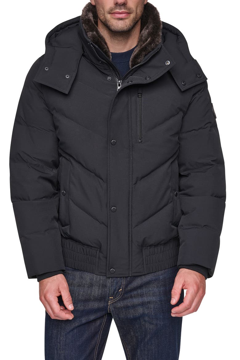 Hooded Bomber Puffer Jacket with Down & Feather Fill, Main, color, BLACK