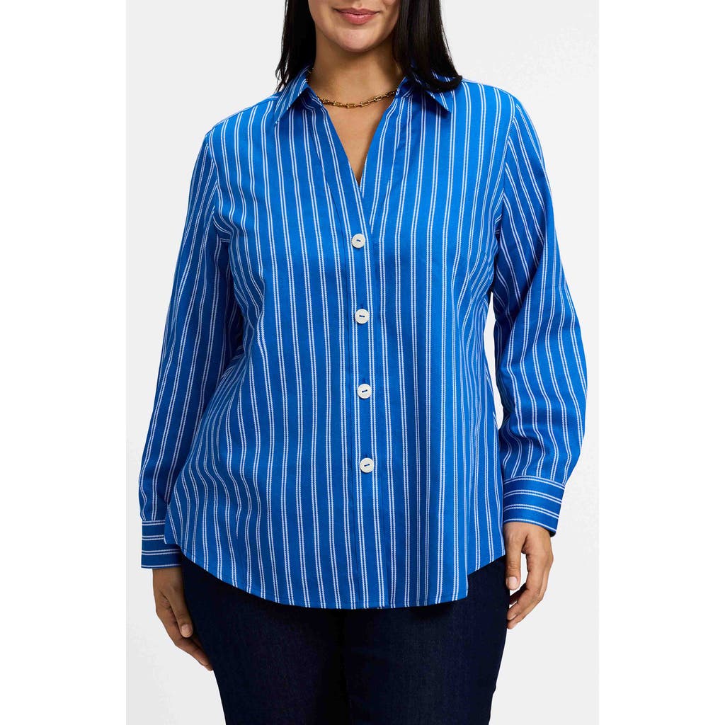 Foxcroft Paityn Stripe Cotton Button-up Shirt In Cobalt Blue White