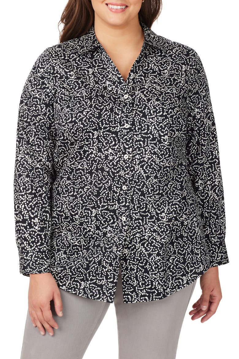 Faith Dot Print Cotton Button-Up Tunic Shirt, Main, color, BLACK MULTI