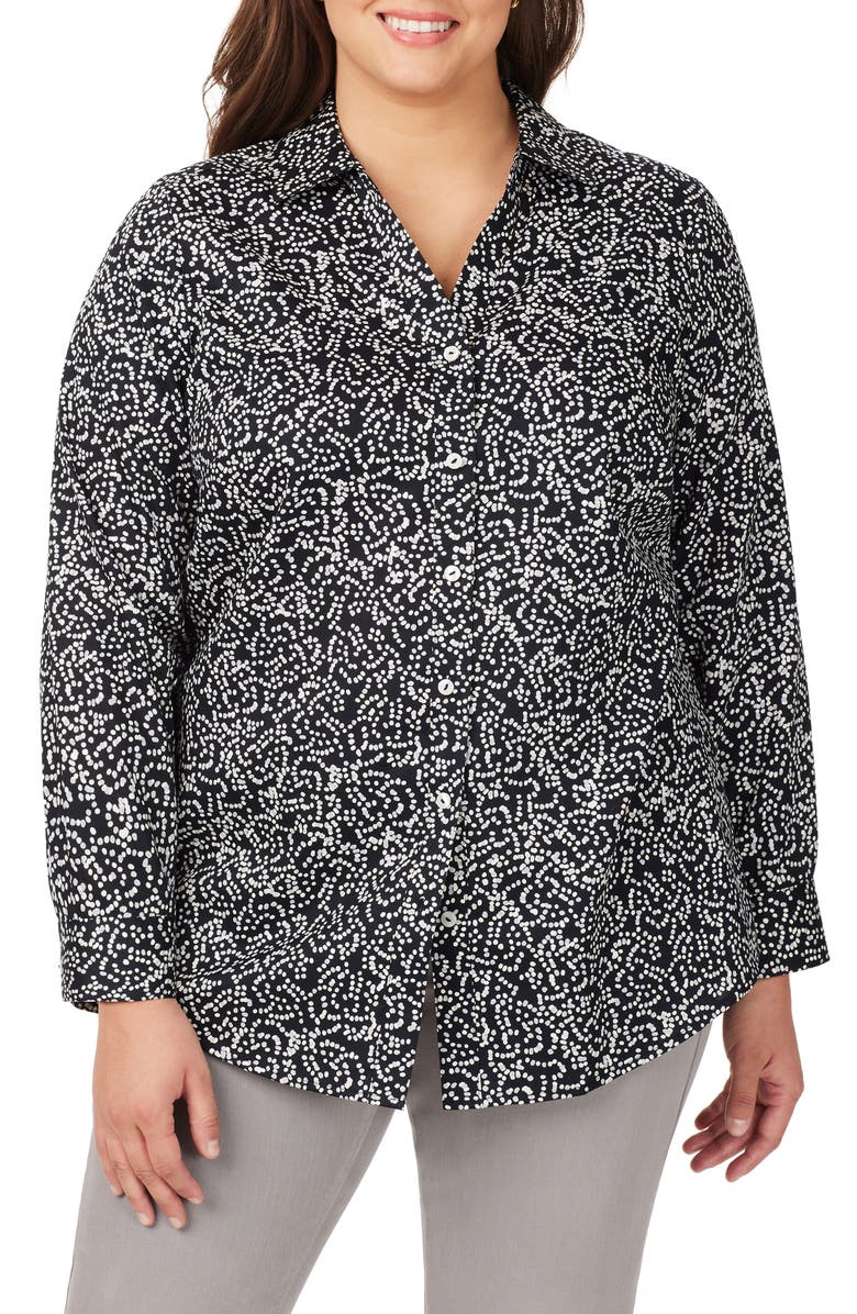 Foxcroft Faith Dot Print Cotton Button-Up Tunic Shirt, Main, color, Black Multi