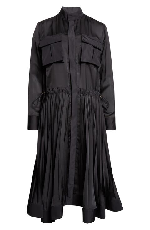 Taffeta Bonding & Satin Pleated Midi Dress