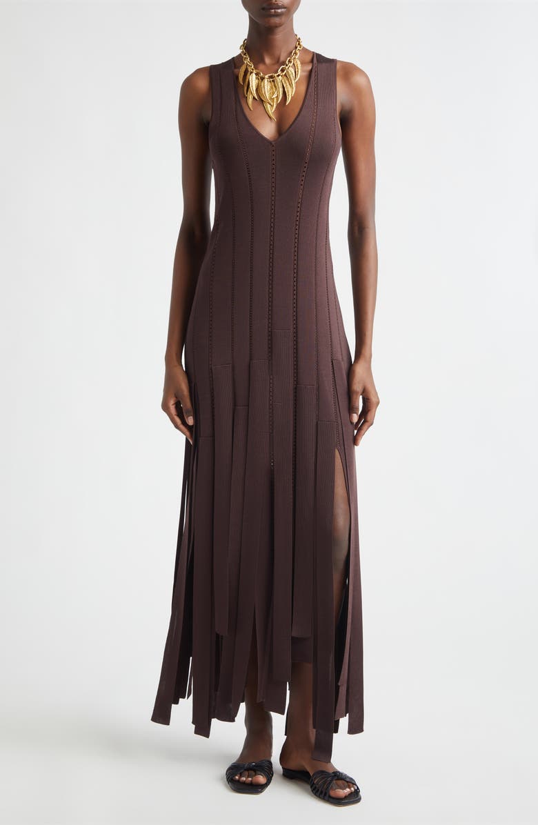Zimmermann Kindred Spirit Luna Fringe Pointelle Rib Sweater Dress, Main, color, Chocolate