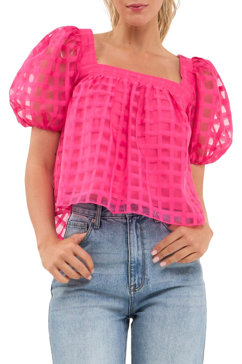 Grid Pattern Puff Sleeve Organza Top, Alternate, color, FUCHSIA