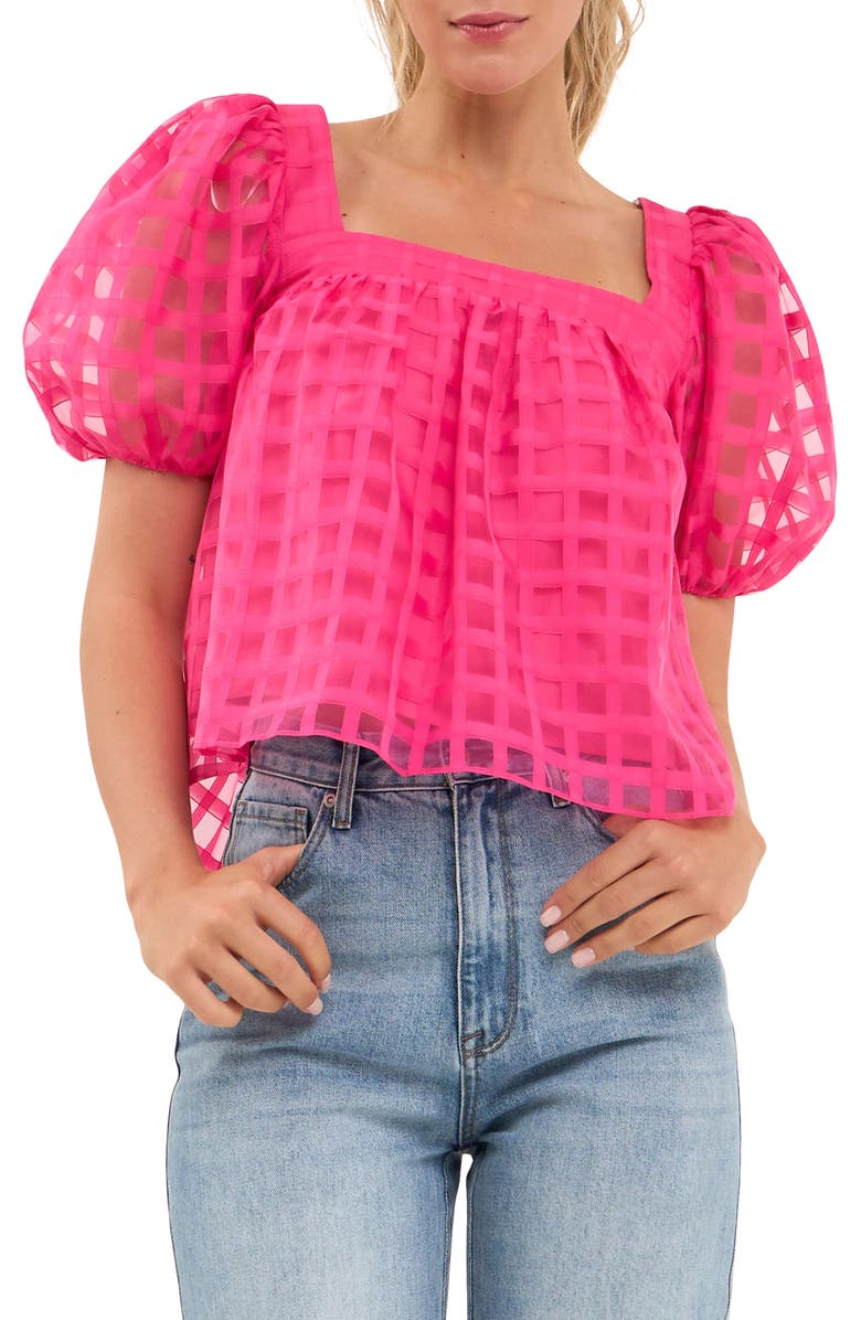 English Factory Grid Pattern Puff Sleeve Organza Top, Alternate, color, Fuchsia