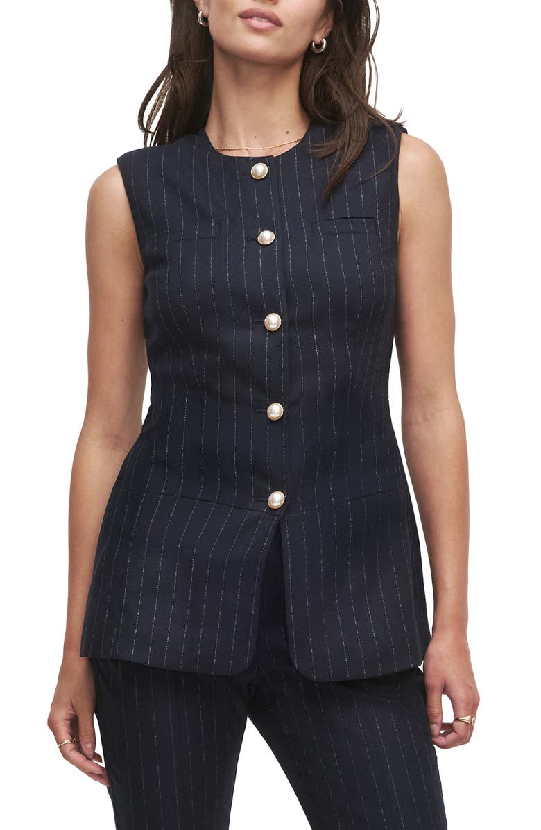Favorite Daughter The Clocking In Pinstripe Button-Up Blouse, Main, color, Navy Pinstripe