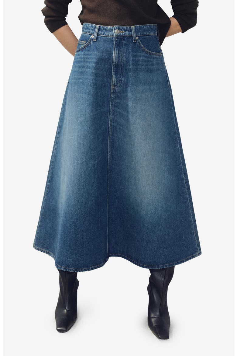 A-Line Denim Midi Skirt, Main, color, DARK BLUE