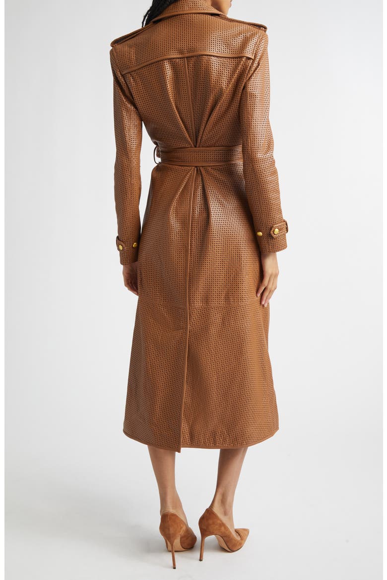 Baylee Perforated Leather Trench Coat, Alternate, color, SOFT COGNAC