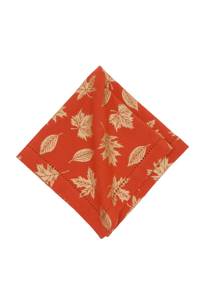 Lux Autumnal Fall Leaf Hemstitch Set of 6 Cloth Napkins, Alternate, color, Orange