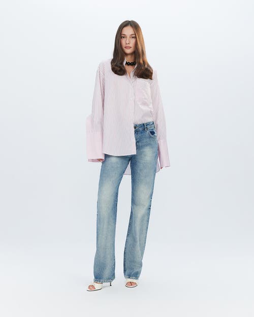 Theo The Label Echo Side Button Boyfriend Stripe Shirt In Multi