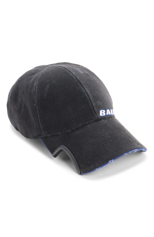 Balenciaga Tilted Typo Distressed Cotton Twill Baseball Cap In Blue