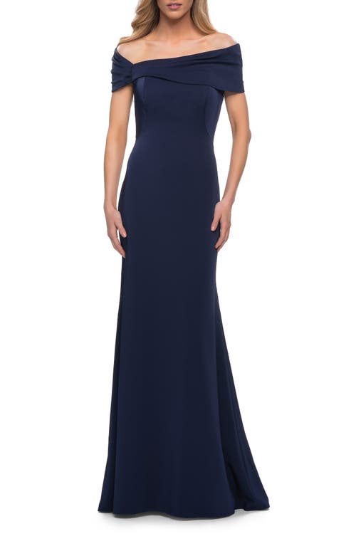 La Femme Simply Chic Off The Shoulder Jersey Gown In Navy