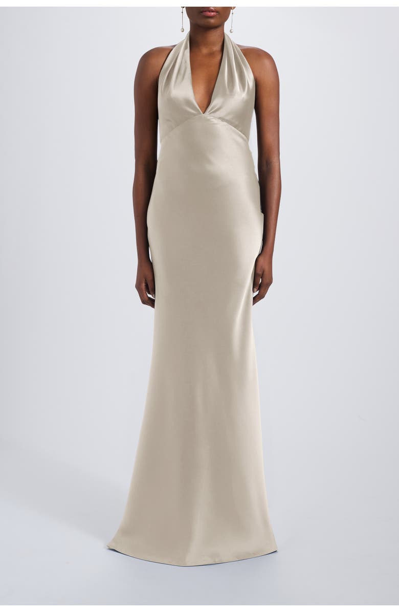 Amsale V-neck Fit-to-Flare Halter Gown, Main, color, Champagne