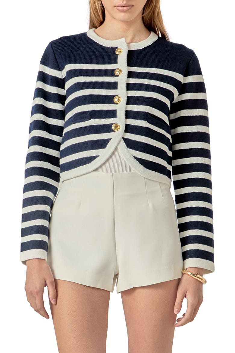 Stripe Crop Cardigan, Main, color, NAVY/ OFF WHITE