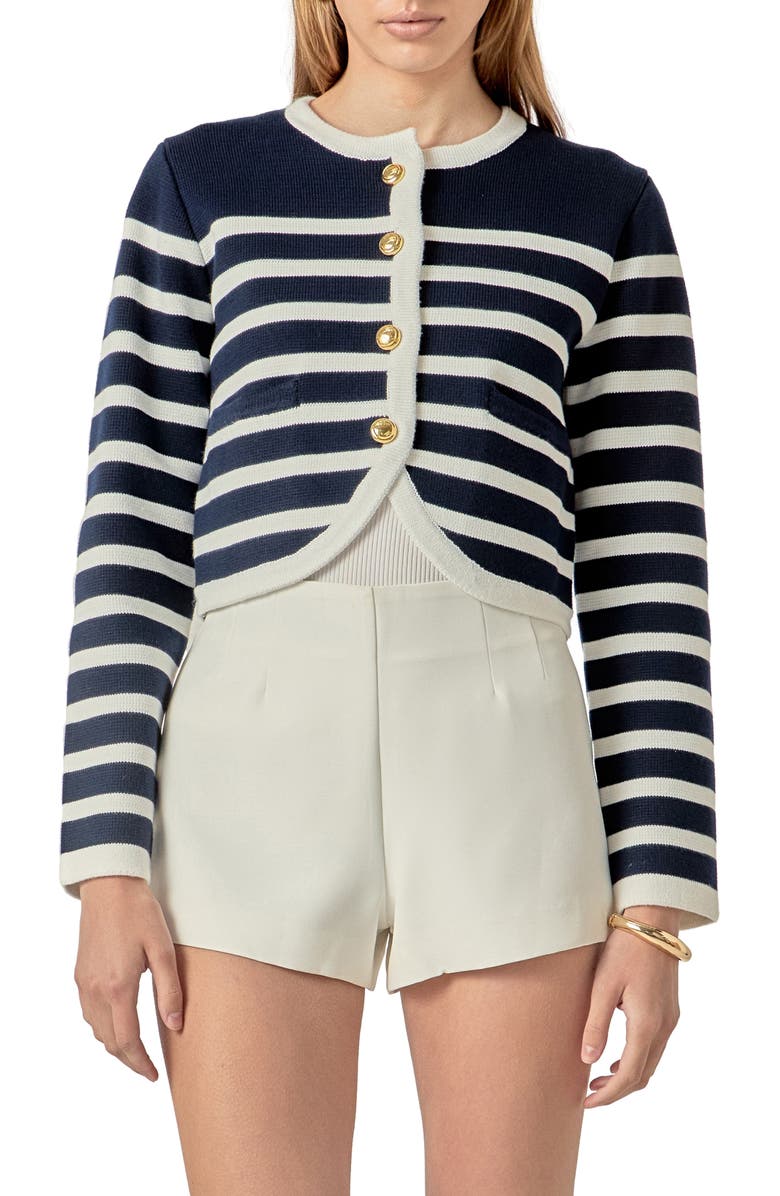 English Factory Stripe Crop Cardigan, Main, color, Navy/ Off White