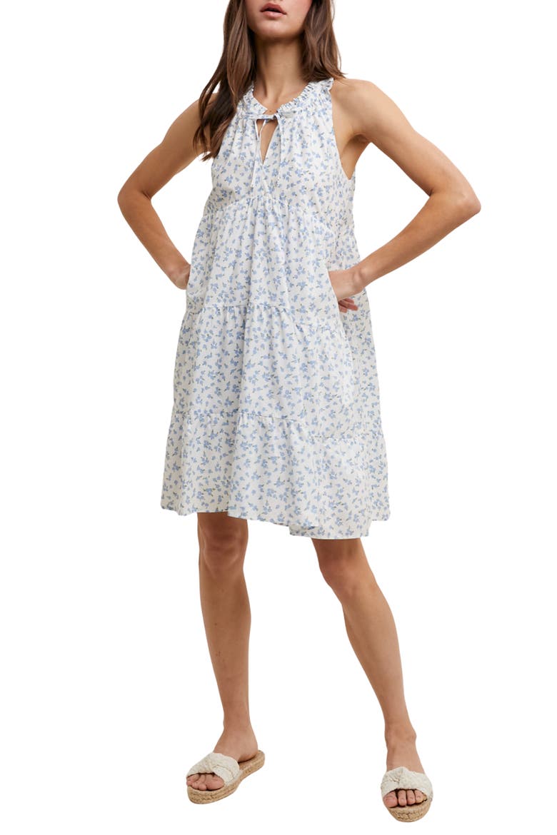 Ditsy Floral Sleeveless Cotton Babydoll Dress, Main, color, OFF WHITE/ SKY
