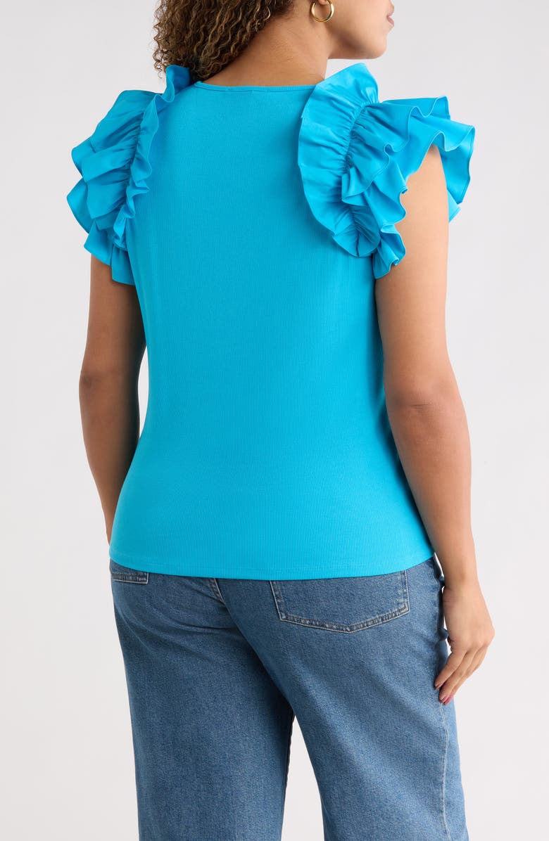 SUGARLIPS Ruffled Short Sleeve Mixed Media Top, Alternate, color, Cerulean-Blue