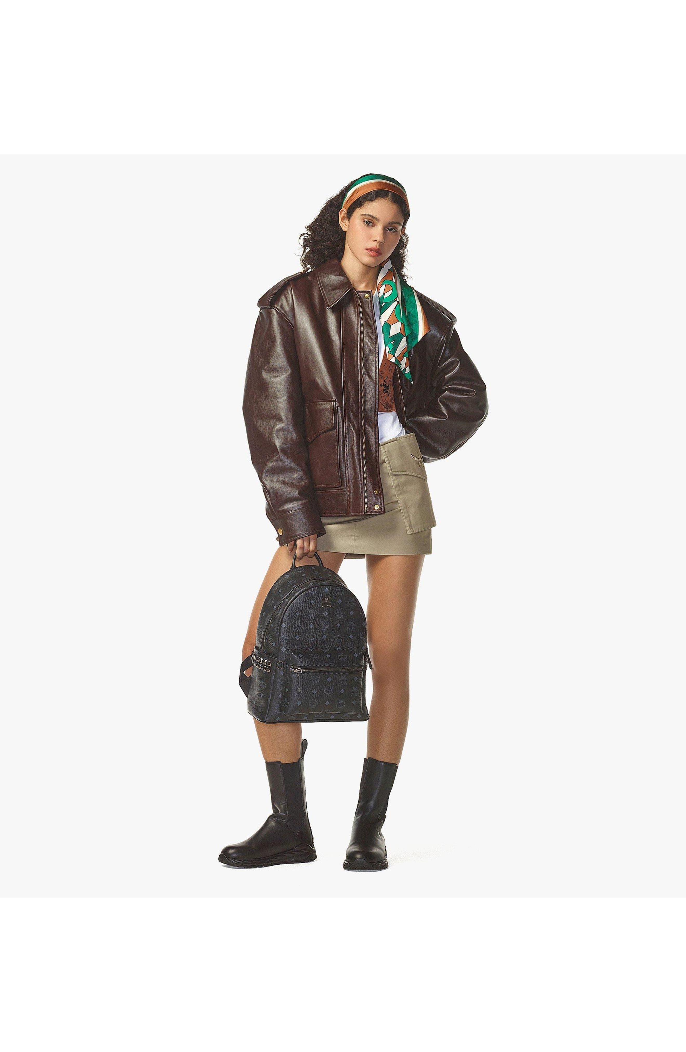 MCM Small Stark Side Studs Backpack in Visetos, Alternate, color, Black