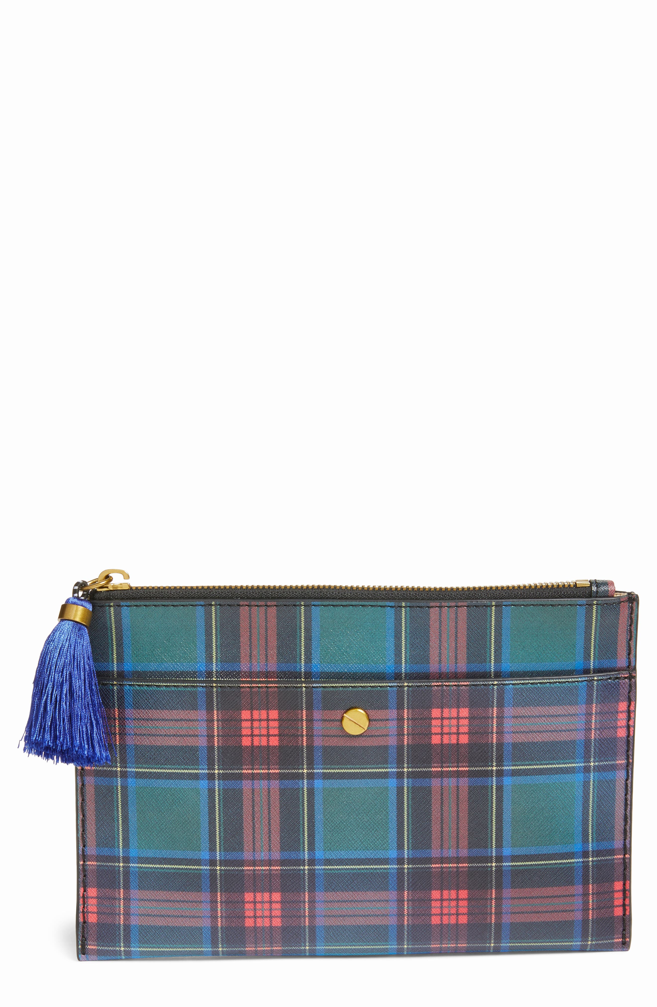 Medium Plaid Print Pouch, Main, color, FOREST PLAID