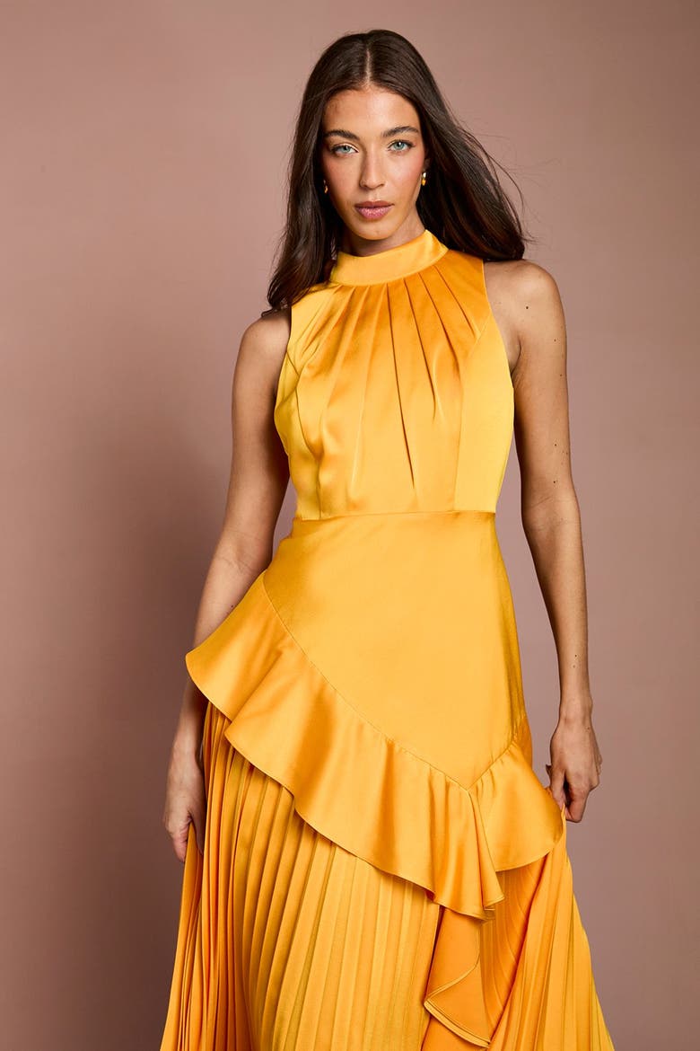 Satin Crepe High-Neck Pleated Maxi Dress, Alternate, color, Orange