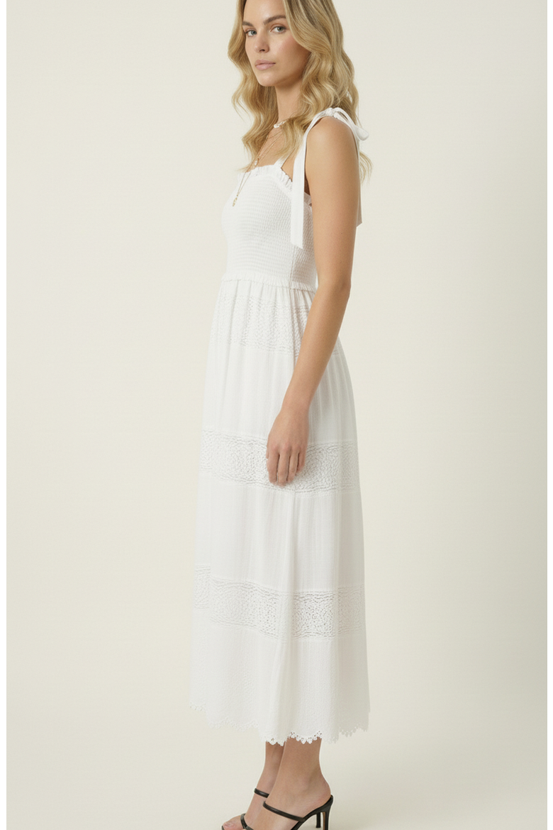 Smocked Lace Eyelet Maxi Dress, Alternate, color, White