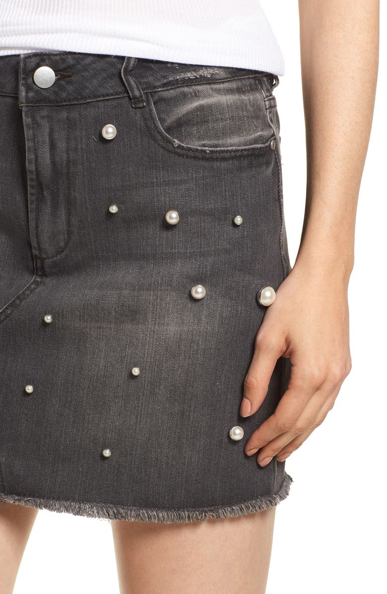 Tinsel Imitation Pearl Embellished Denim Skirt, Alternate, color,