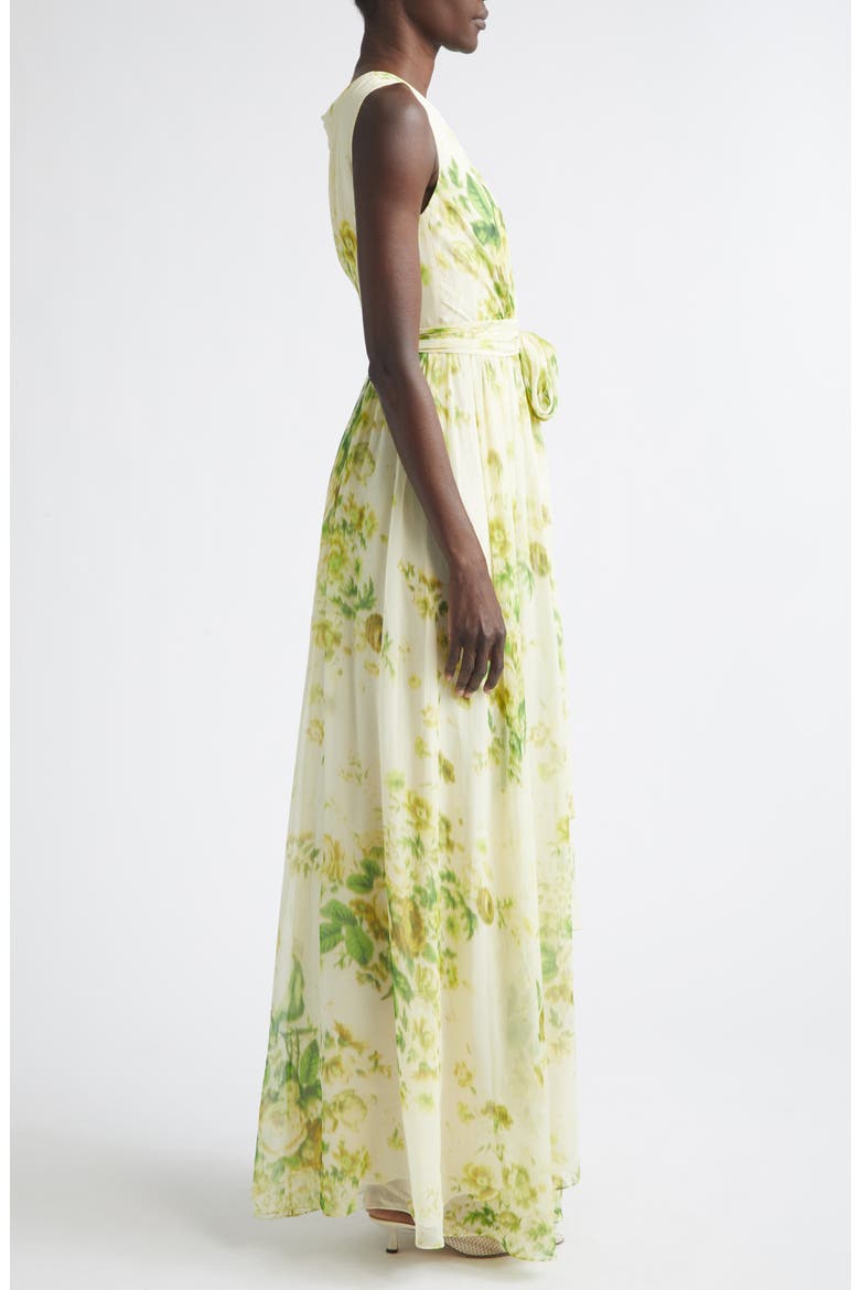 Floral Print Belted Silk Creponne Gown, Alternate, color, ROSE BOUQUET LEMONGRASS