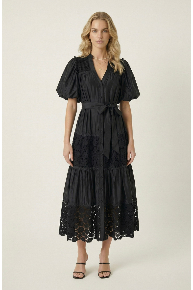 V-Neck Lace Paneling Midi Dress, Main, color, Black