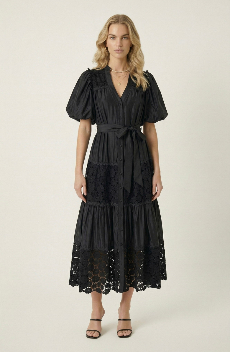 Modenaire V-Neck Lace Paneling Midi Dress, Main, color, Black