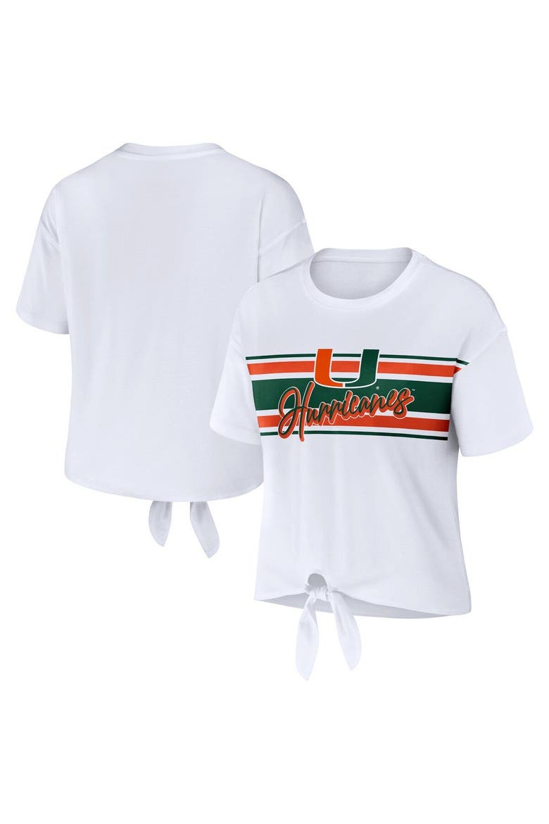 Women's WEAR by Erin Andrews White Miami Hurricanes Striped Front Knot Cropped T-Shirt, Main, color, White