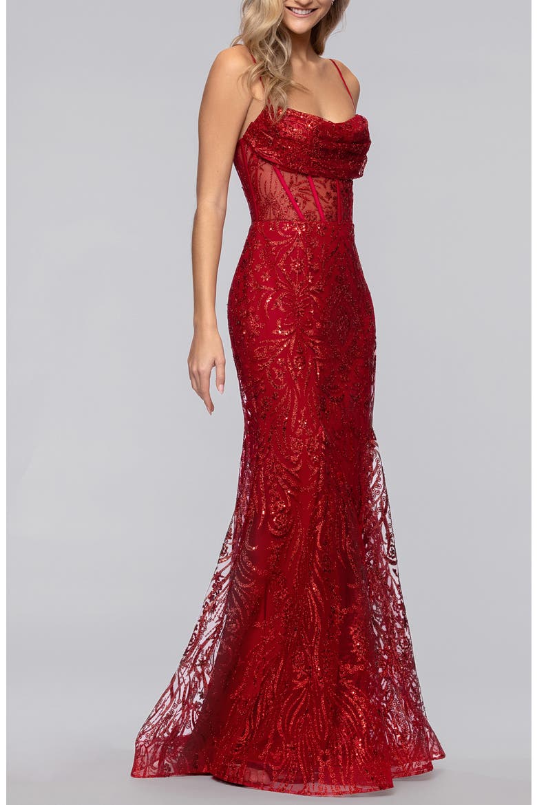 Glitter Corset Sleeveless Gown, Alternate, color, RED