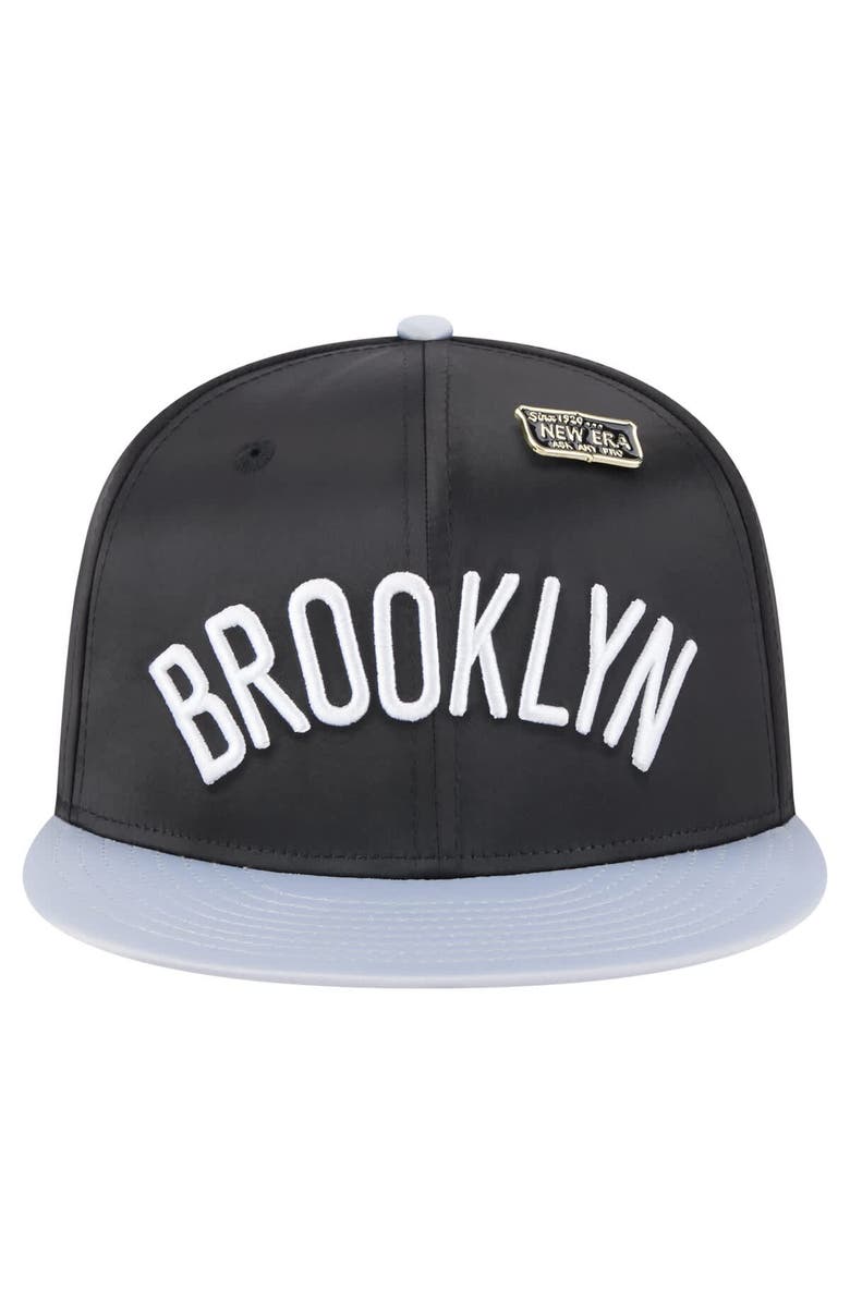 New Era Men's New Era Black/Gray Brooklyn Nets Throwback Satin Vintage Pin Two-Tone 59FIFTY Fitted Hat, Alternate, color, Black