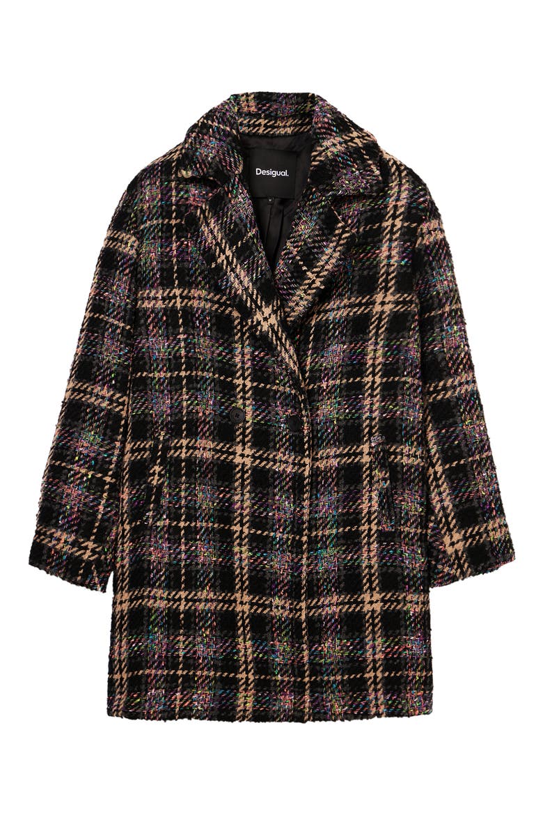Corcega Double Breasted Plaid Coat, Alternate, color, BLACK