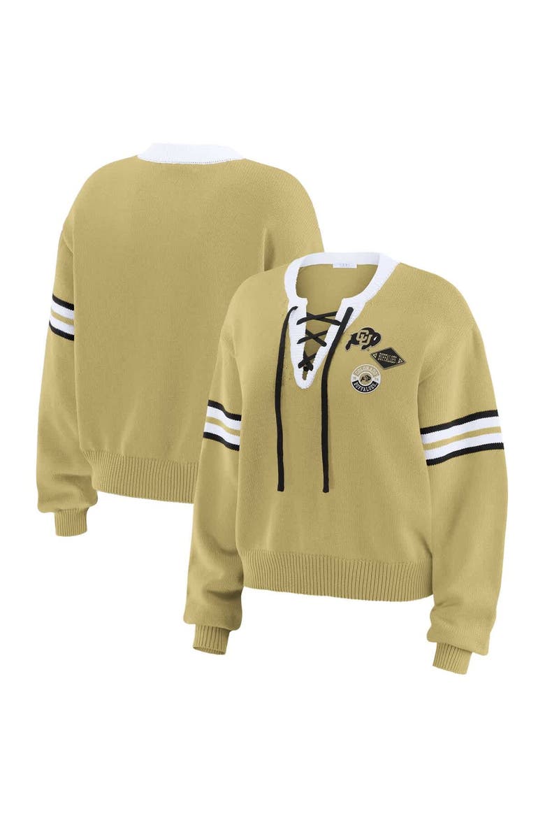 Women's WEAR by Erin Andrews Gold Colorado Buffaloes Lace-Up Pullover Sweater, Alternate, color, Gold