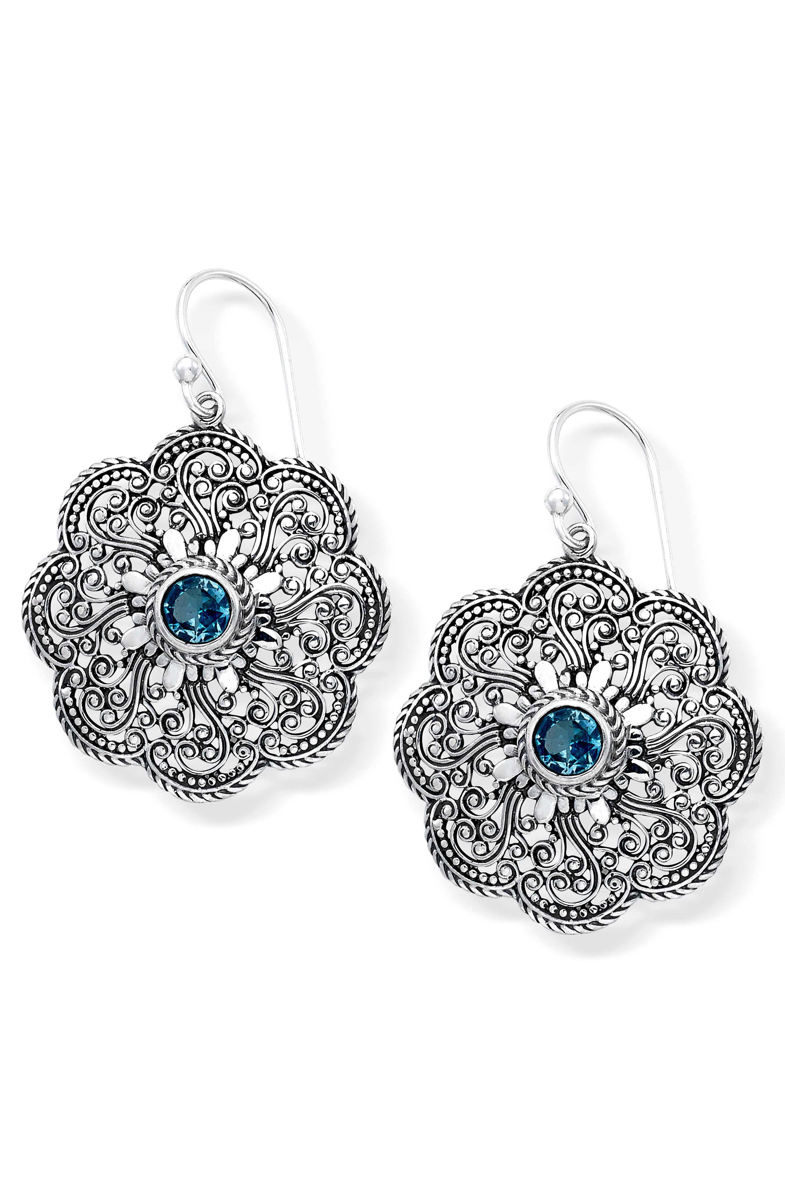Sterling Silver Blue Topaz Floral Drop Earrings