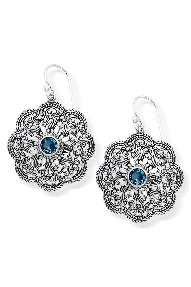 Sterling Silver Blue Topaz Floral Drop Earrings, Main, color, BLUE