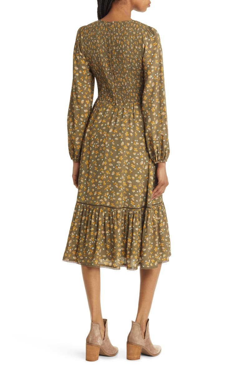 Vineyards in the Valley Floral Long Sleeve Tiered Midi Dress, Alternate, color, DARK OLIVE