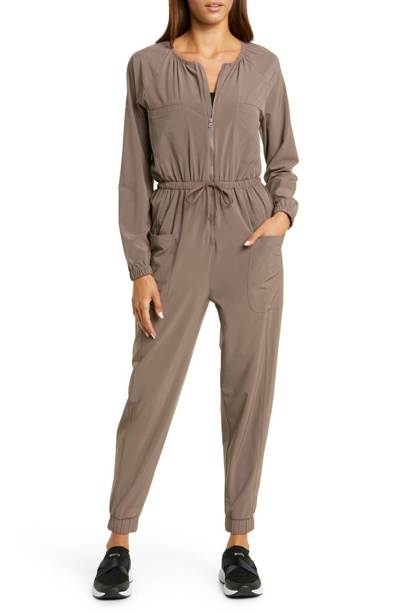 Zella Getaway Long Sleeve Zip-Up Jumpsuit, Main, color, Tan Dusk